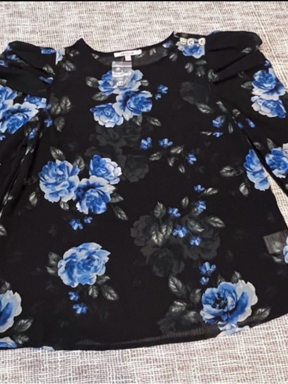 Black Floral Puff-Sleeve Blouse with Blue Rose Print